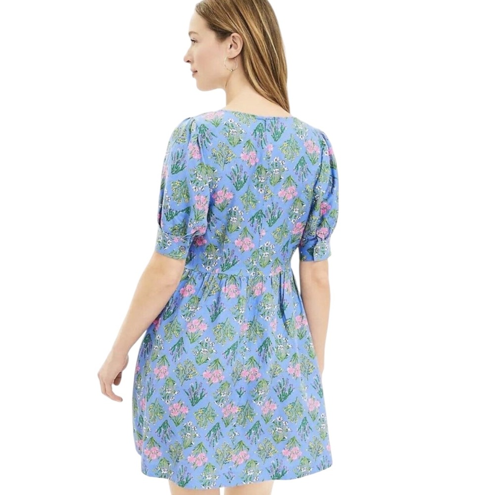 NWT LOFT Size 2 Floral Babydoll Dress Puff Sleeve Blue Linen Cottagecore - Picture 2 of 12